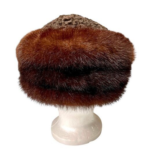 EUC Vintage Russian Mink & Curly Lamb Fur Roller Hat Brown Mob Wife Luxury Boho